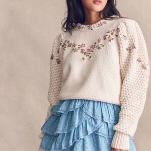 LoveShackFancy Cream Sweater with Pink Floral Embroidery